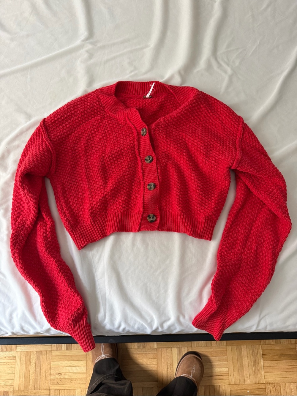 Free People Red Cropped Button Cardigan